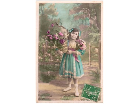 古雑貨お取り置きフランスアンティークポストカード　マヌエル作品　美しく着飾った少女