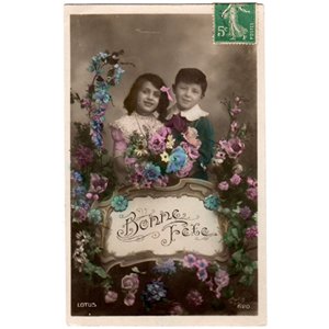 アンティーク ポストカード　花束を抱える少年少女 - フランスアンティーク雑貨 Mille Chats