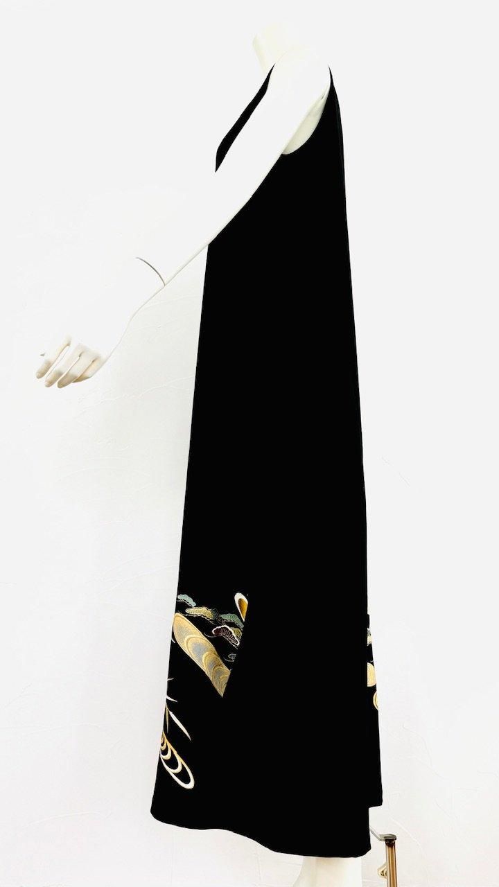 着物リメイク　大きいサイズ　フレア　ロング　ワンピース　黒留袖　作家物　友禅 着物リメイク フレア ワンピース 黒留袖 ドレス ロング 枝梅文