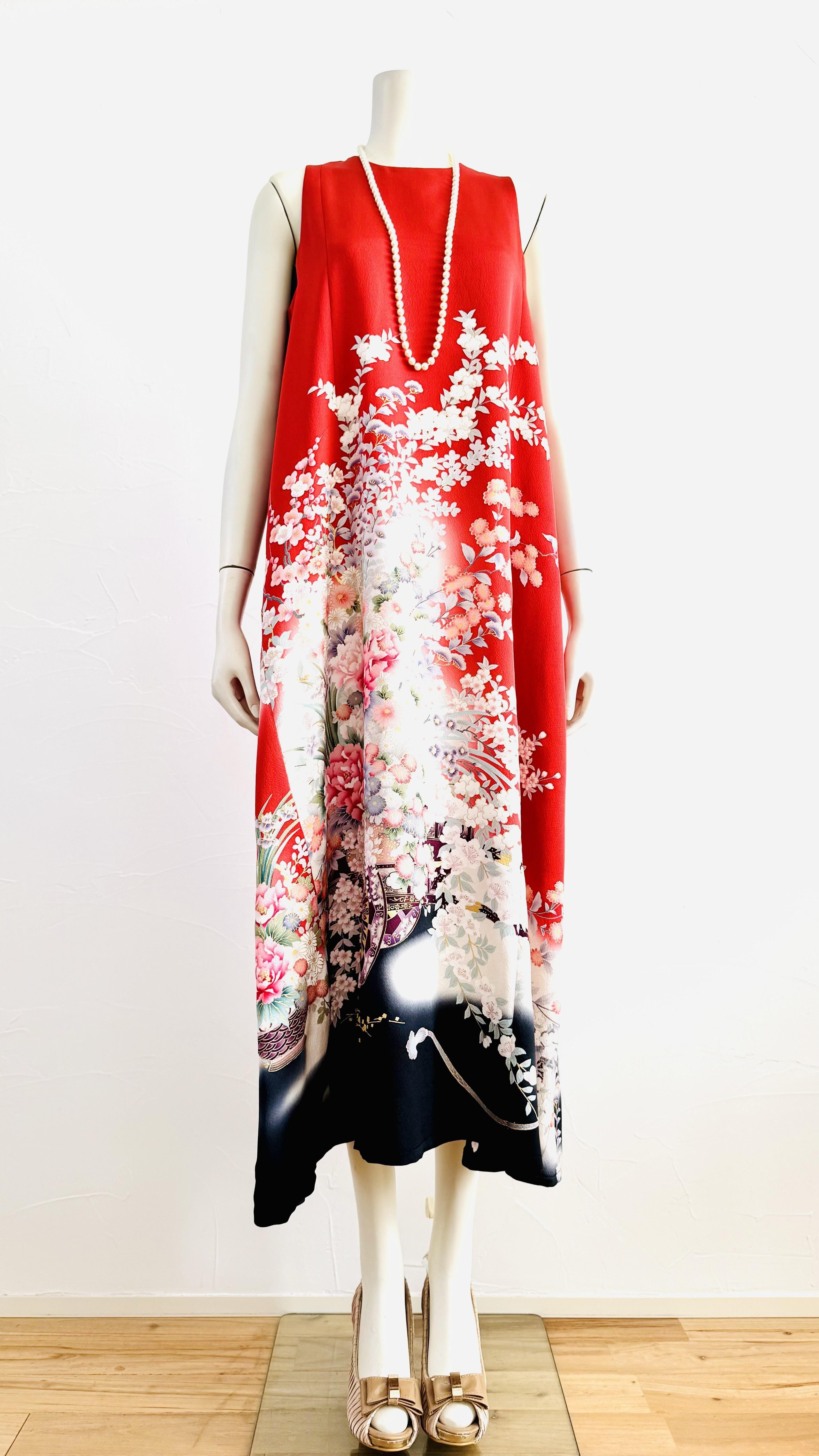 お仕立て上がり振袖ドレスAラインフレアロング赤四季花車花籠M