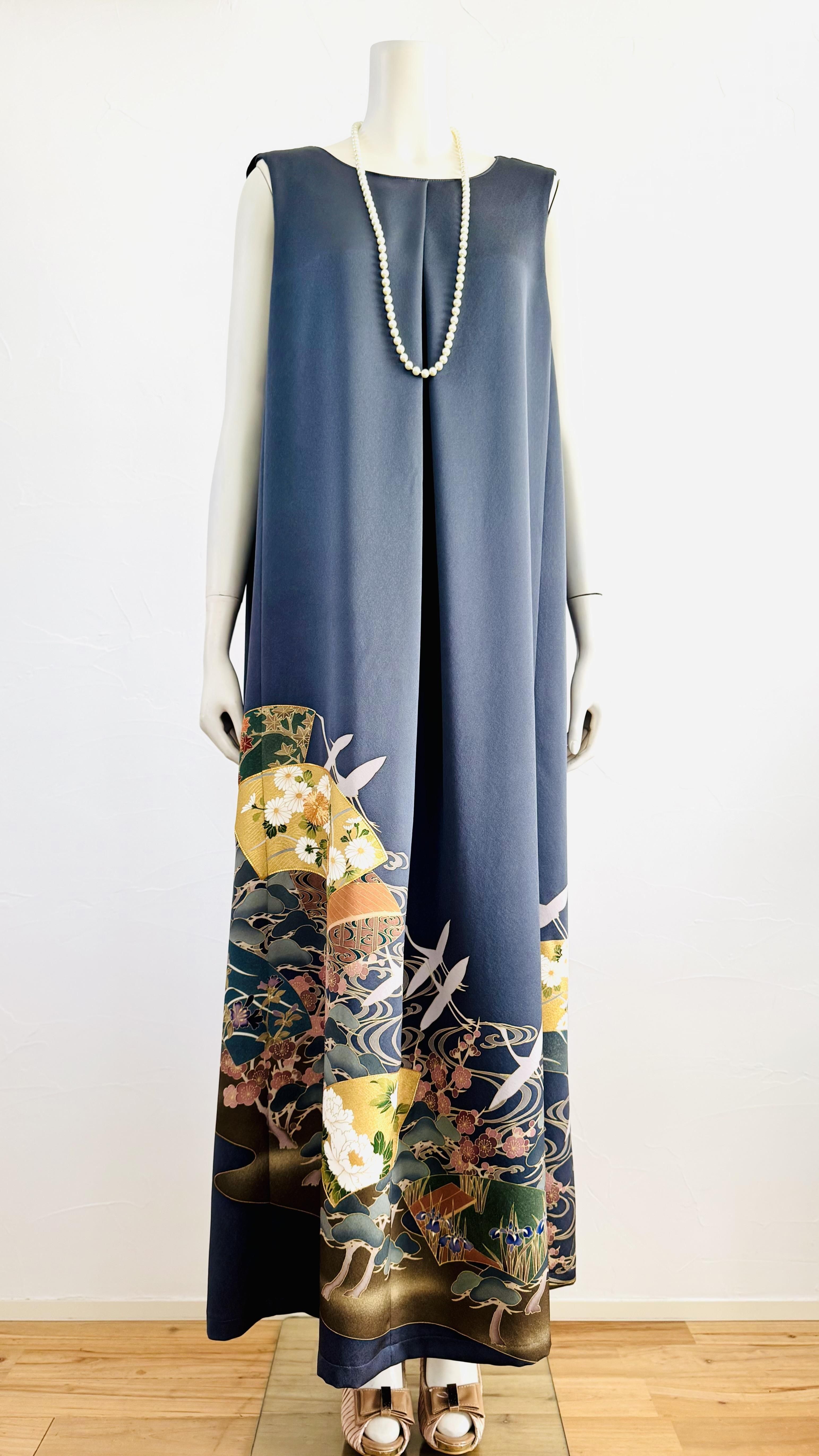 お仕立て上がり色留袖ドレスタックフレアマキシ灰友禅花地紙飛鶴流水L