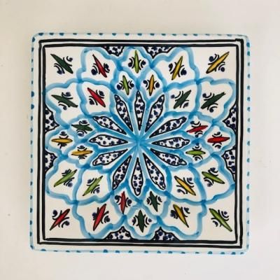 平皿 手描き陶器 20cm角皿 ブルーがさわやか - チュニジア雑貨と