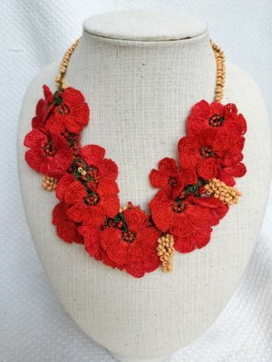 c55 トルコ オヤ刺繍 ネックレス お花 マーガレット グリーン ホワイト