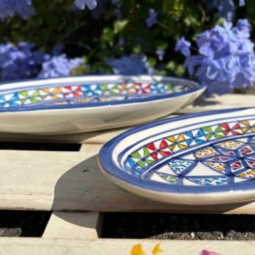 クスクス皿 地中海陶器 手描き絵付け皿 だ円のお皿- チュニジア