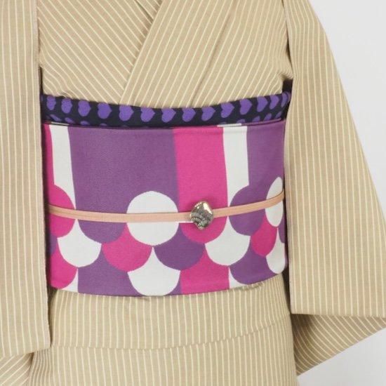 モダン着物小物梅屋 リバーシブル半幅帯 １回使用のみ美品 西陣織リバーシブル半幅帯【トリコロール×ブラックシルバー
