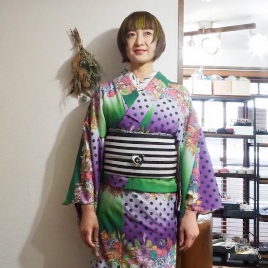 梅屋 リバーシブル 半幅帯　シルジェリー ミックスベリーボーダー 梅屋 リバーシブル 半幅帯 シルジェリー ミックスベリーボーダー