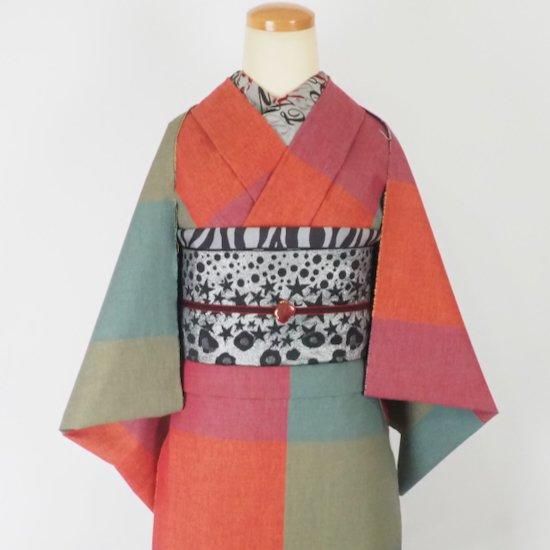 伊勢木綿　ブロックチェック　洗える着物　赤　ピンク　ターコイズ 伊勢木綿 反物【2列ブロックチェック】レッド×ダスティ - モダン