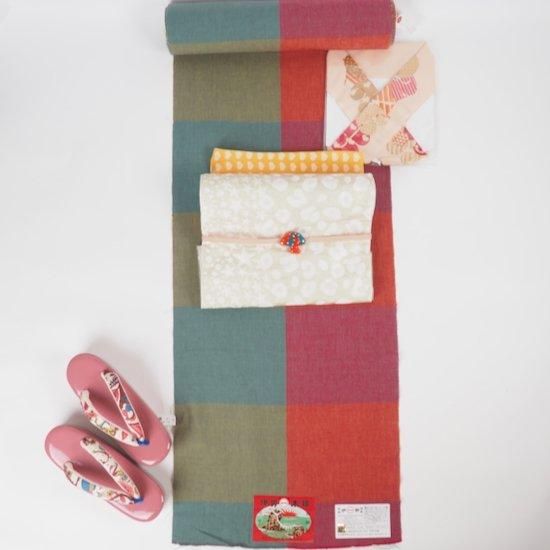 伊勢木綿 反物【2列ブロックチェック】レッド×ダスティ - モダン