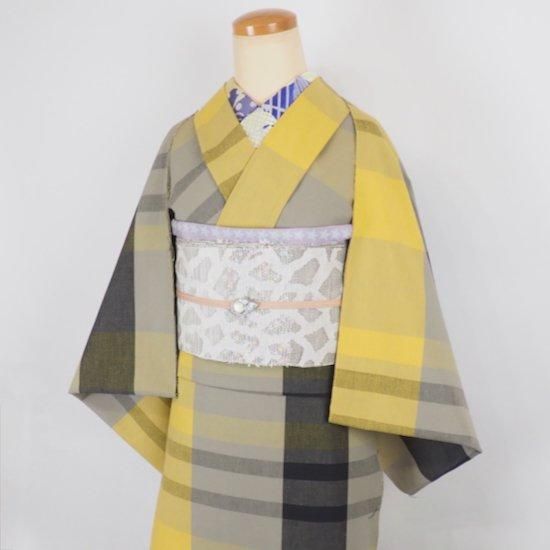 伊勢木綿 反物【ランダムチェック】グレー×イエロー - モダン