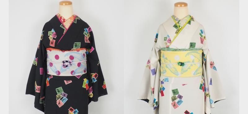 2025年秋冬の梅屋オリジナルプレタ着物の新作【スタンプ】登場!カラフルな切手柄は黒地と白地の2種類。