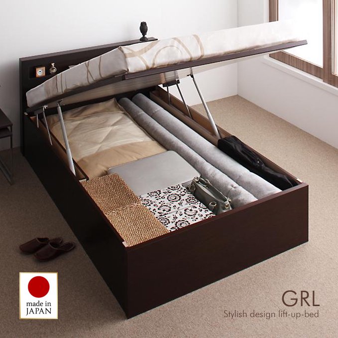 日本製・安心の品質！スタイリッシュ・ヘッドボード付き大容量収納跳ね上げ式ベッド【GRL】（縦開き）