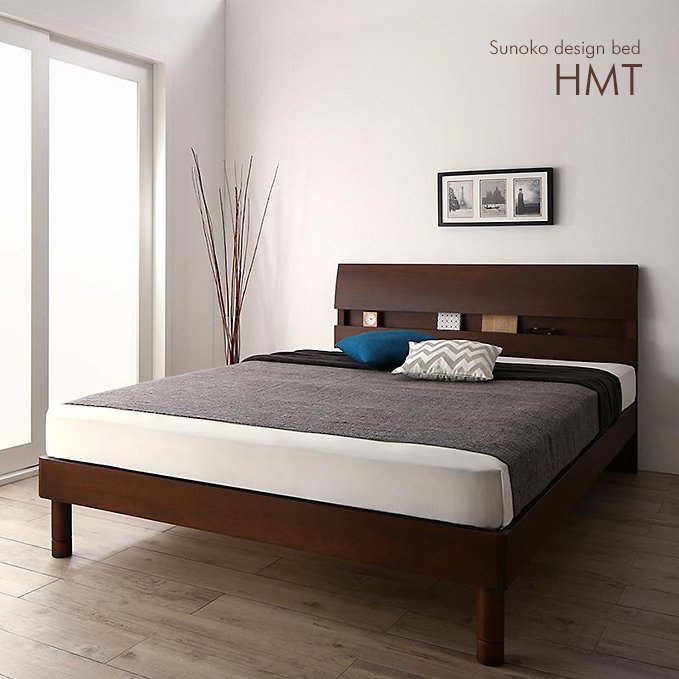 おしゃれな棚式ヘッドボード付きデザインベッド【HMT】（床板＝すのこタイプ）