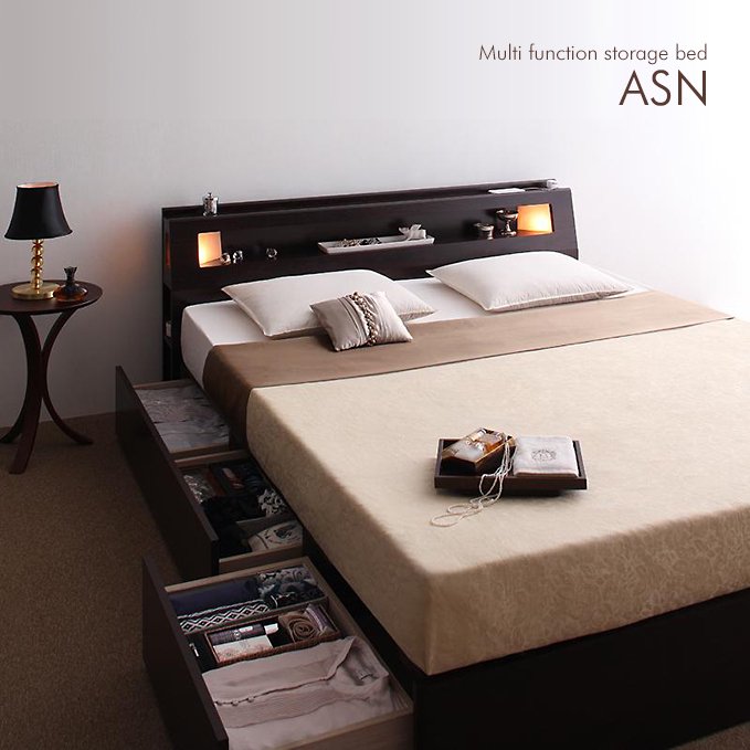 照明＆収納付きクイーンベッド【ASN】 - おしゃれなインテリア家具ショップCCmart7