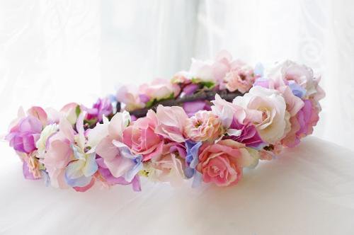 ピンク紫陽花とバラ・サムシングブルーのふんわりとした優しい