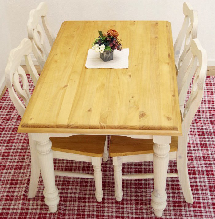 白い4人用食卓カントリーダイニングテーブルセット/オイル仕上げパイン無垢材食卓テーブル/幅140cm 椅子屋