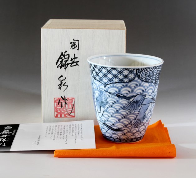 有田焼 和食器 陶芸家 藤井錦彩作 青磁古染付鶴絵フリーカップ
