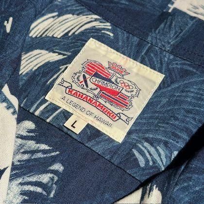 “COCONUT PALM & DIAMONDHEAD” アロハシャツ INDIGO COTTON HAWAIIAN SHIRT “COCONUT PALM & DIAMONDHEAD