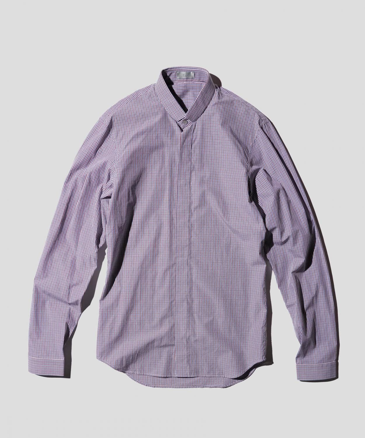 OLD / DIOR HOMME BAND COLLAR TRICOLOR MICRO-CHECK CONCEALED PLACKET LONG SLEEVE SHIRT