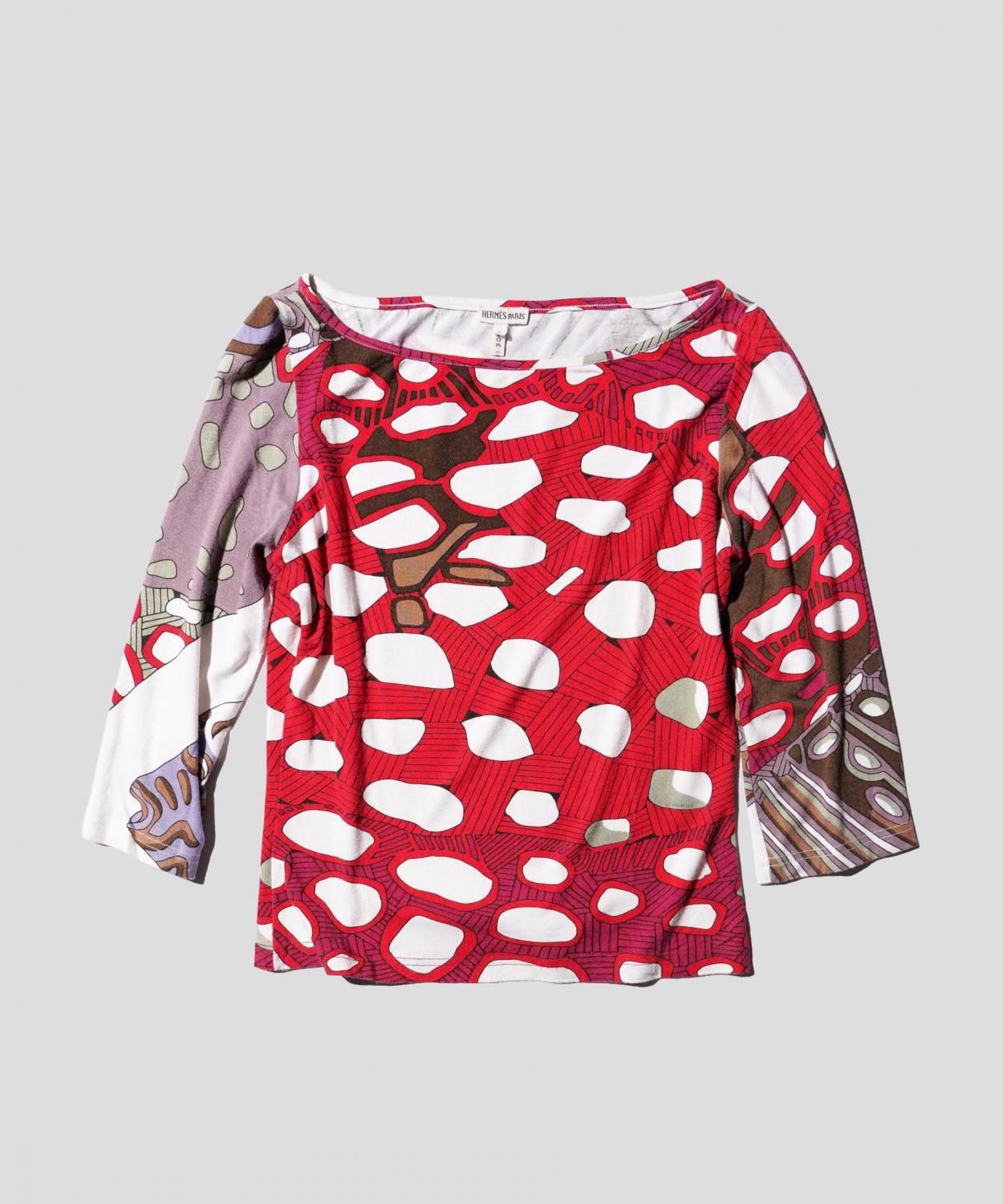 OLD / HERMES WOMEN'S RED/BROWN ALL-OVER PRINT TEE SHIRT-MARTIN MARGIELA ERA 