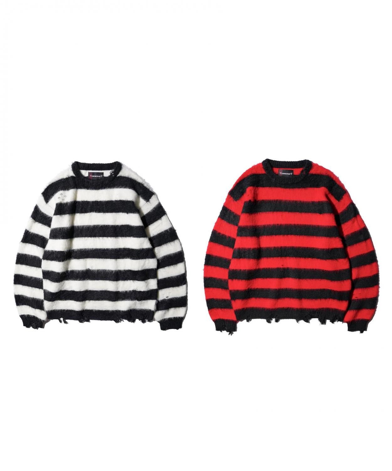 TOWNCRAFT / DAMEGED BORDER SHAGGY CREW SWEATER