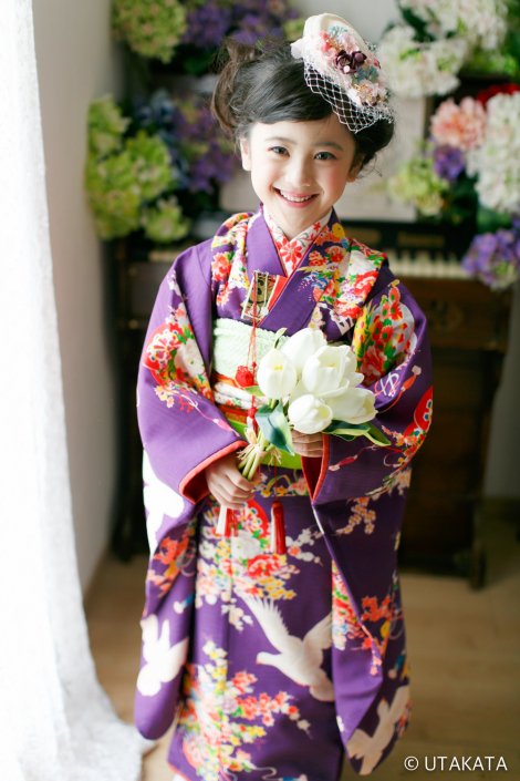 本日sale☆アンティーク紫の着物に白のだらり帯☆七五三７歳フルセット