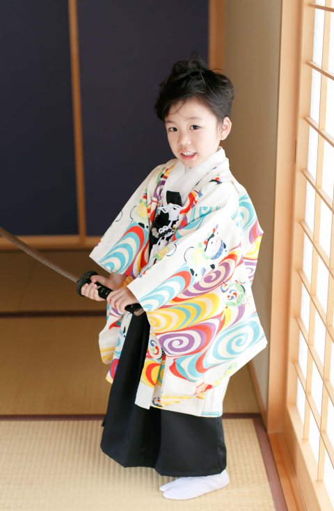 レトロ　狛犬着物&袴セット　5歳七五三　