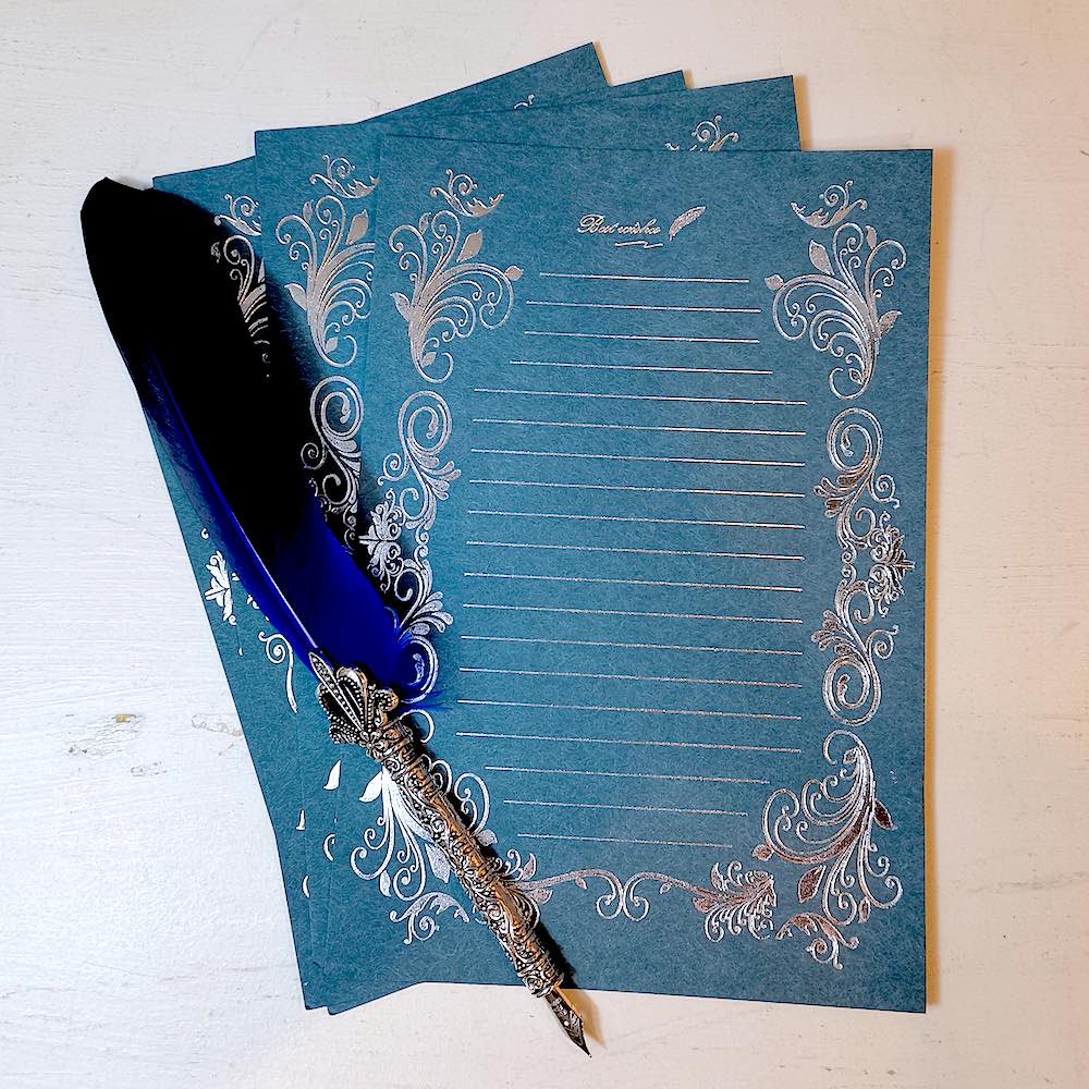 便箋　4枚セット　Blue　箔押しレター　ロココ調の装飾　Letter　TOKYO　青　ステーショナリー|　A　STORY