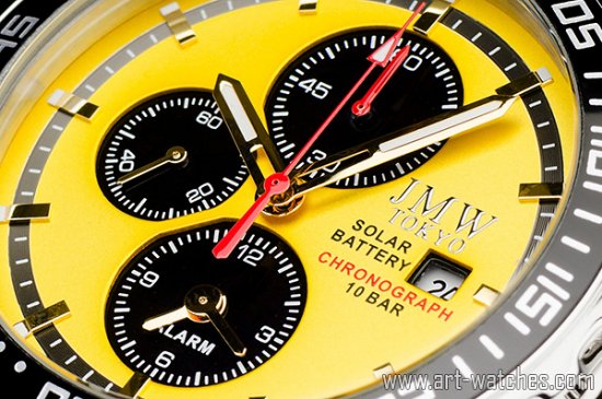 【JMW TOKYO】イエロー&ブラック上級ソーラークロノグラフウォッチ100m防水【回転（逆回転防止）ベゼル】本革腕時計 - 日本製
