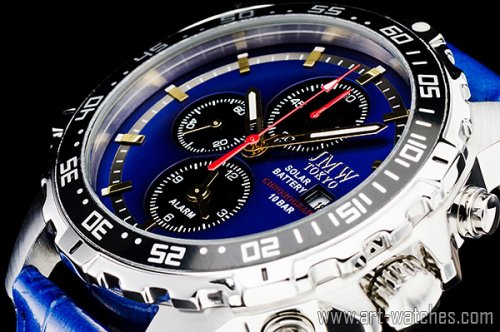 【JMW TOKYO】ブルー&ブラック上級ソーラークロノグラフウォッチ100m防水【回転（逆回転防止）ベゼル】本革腕時計 -  日本製ムーブメントにこだわった「アート腕時計」専門店
