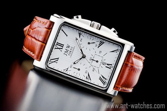 【JMW TOKYO】ホワイト&ブラウン角型ローマ数字インデックス上級クロノグラフウォッチ本革レザー腕時計 -  日本製ムーブメントにこだわった「アート腕時計」専門店