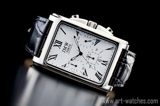【JMW TOKYO】ホワイト&ブラック角型ローマ数字インデックス上級クロノグラフウォッチ本革レザー腕時計 -  日本製ムーブメントにこだわった「アート腕時計」専門店