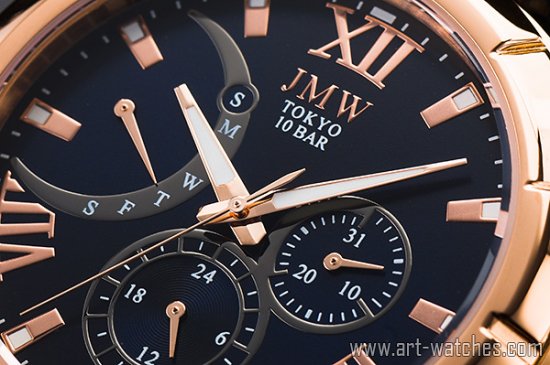 【JMW TOKYO】ブルー&ゴールドローマ数字インデックス上級レトログラードウォッチ100ｍ防水本革レザー腕時計 -  日本製ムーブメントにこだわった「アート腕時計」専門店