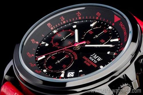 【JMW TOKYO】ブラック&レッド上級タキメータークロノグラフウォッチ100ｍ防水本革レザー腕時計