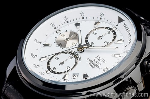 【JMW TOKYO】ホワイト&ブラック上級タキメータークロノグラフウォッチ100ｍ防水本革レザー腕時計 -  日本製ムーブメントにこだわった「アート腕時計」専門店
