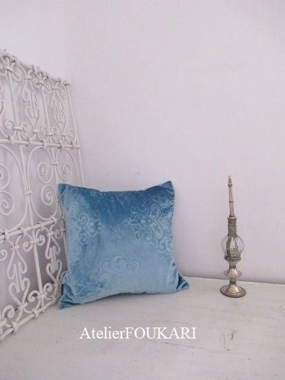 モロッコプチクッションカバー・ダマスクベロア＊水色