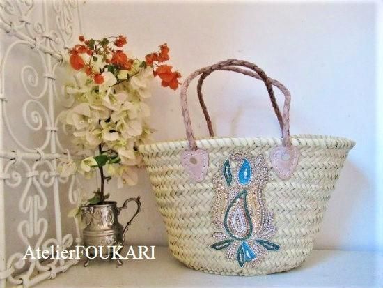モロッコ刺繍かごバッグ スワロフスキーグリーン モロッコ雑貨とモロッコファッション Atelier Foukari モロッコ刺繍かごバッグ スワロフスキーグリーン モロッコ雑貨とモロッコファッション Atelier Foukari