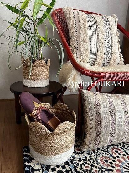 インテリアバスケット＊スカラップ×ホワイト【2個セット】 - モロッコ
