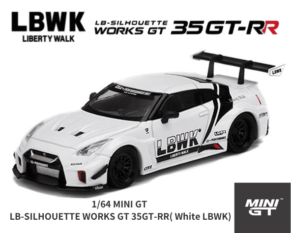 1/64スケール1/64 MINI GT「LB-SILHOUETTE WORKS GT 35GT-RR」( ホワイトLBWK)ミニカー｜Liberty  Walkリバティーウォーク｜【スターホビーミニカーストア】ミニカーと自動車の雑貨・グッズの総合通販サイト