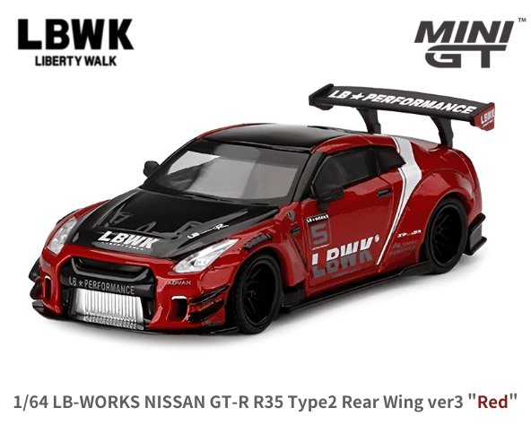 1/64スケール MINI GT「LB-WORKS NISSAN GT-R R35 Type2 Rear Wing  ver3」(レッド)ミニカー｜Liberty Walk