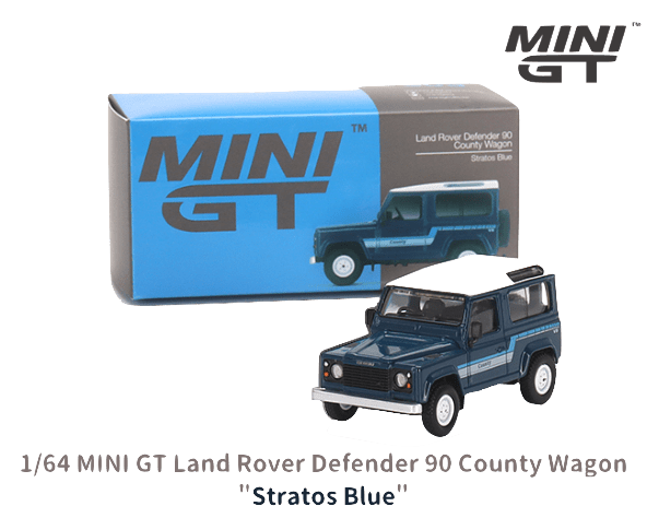 1/64スケール MINI GT「ランドローバー・ディフェンダー90 カウンティワゴン」(ストラトスブルー)ミニカー