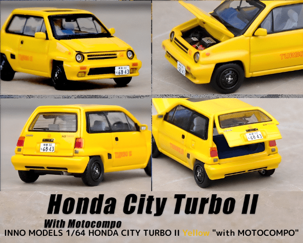 INNO64 1/64スケール「ホンダ・シティターボII With MOTOCOMPO」(イエロー)ミニカー｜【スターホビーミニカーストア】ミニカー と自動車の雑貨・グッズの総合通販サイト