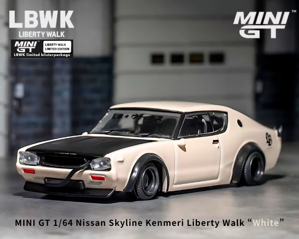 1/64スケール MINI GT「日産スカイライン・ケンメリ リバティーウォーク」(ホワイト/LBWKブリスターパッケージ版)ミニカー｜Liberty  Walk