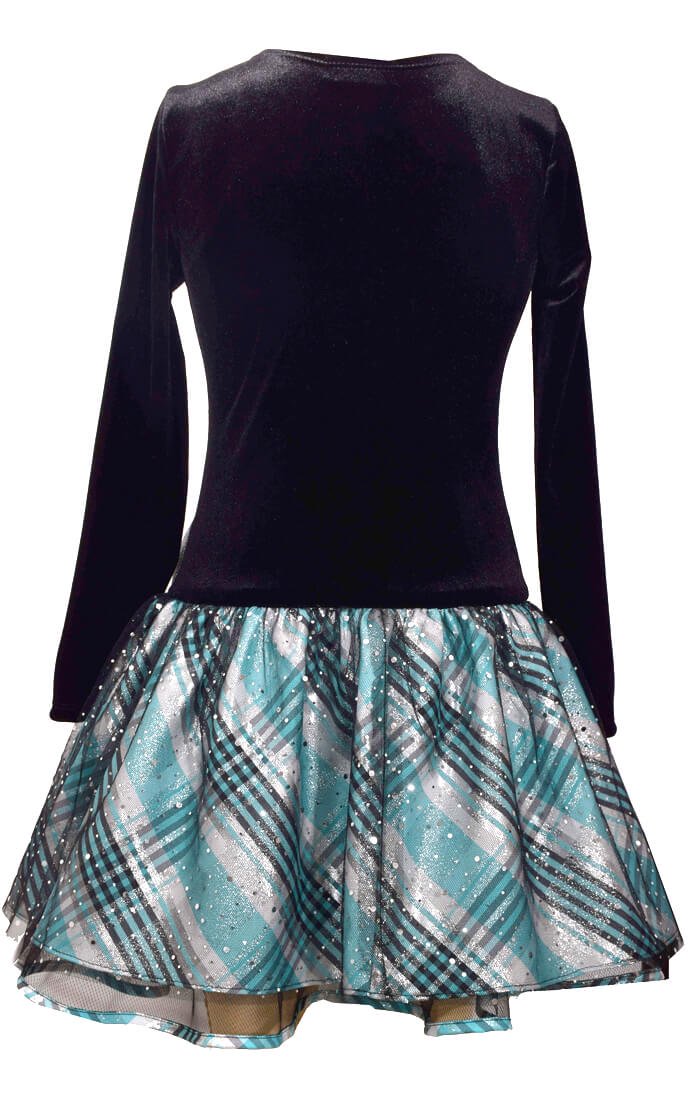 キラキラブルーチェックの長袖ドレス写真2