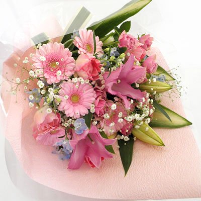 花束 ブーケ ユリと季節のお花のピンク花束4000