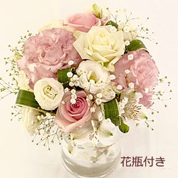 花束 ブーケ ピンクと白のラウンドブーケ花瓶付き3500