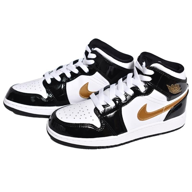 ̤ȯ NIKE AIR JORDAN 1 MID GS Patent Black White Gold ʥ 硼 ߥå ˡ ǥ  BQ6931-007