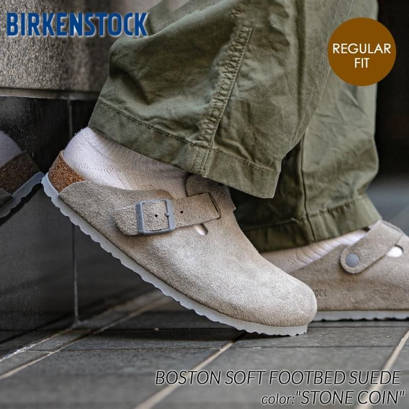 BIRKENSTOCK BOSTON SOFT FOOTBED SUEDE ( REGULAR FIT ) STONE COIN